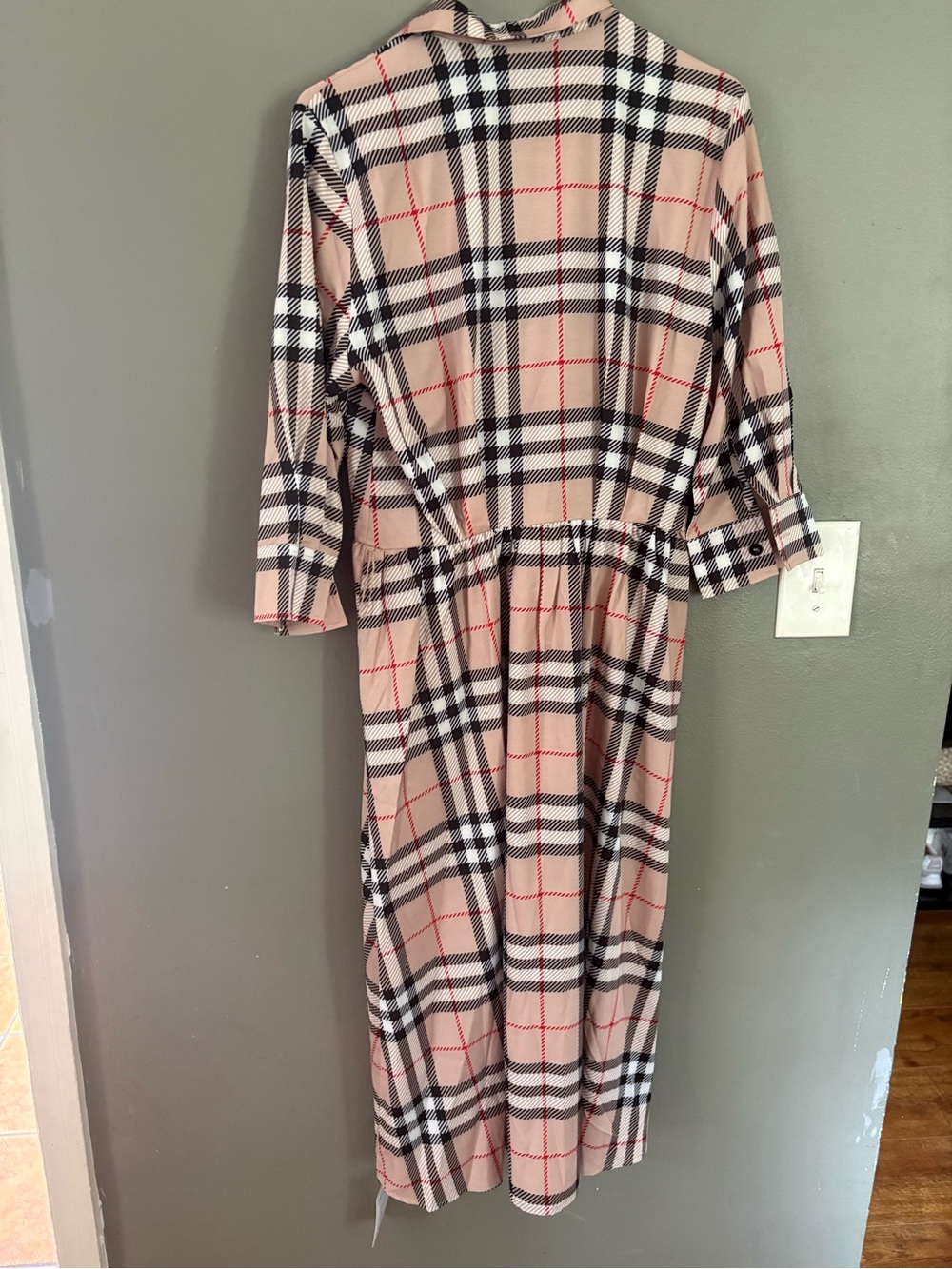 Plaid Midi Shirt Dress with Gathered Waist - Beige - Picture 2 of 8